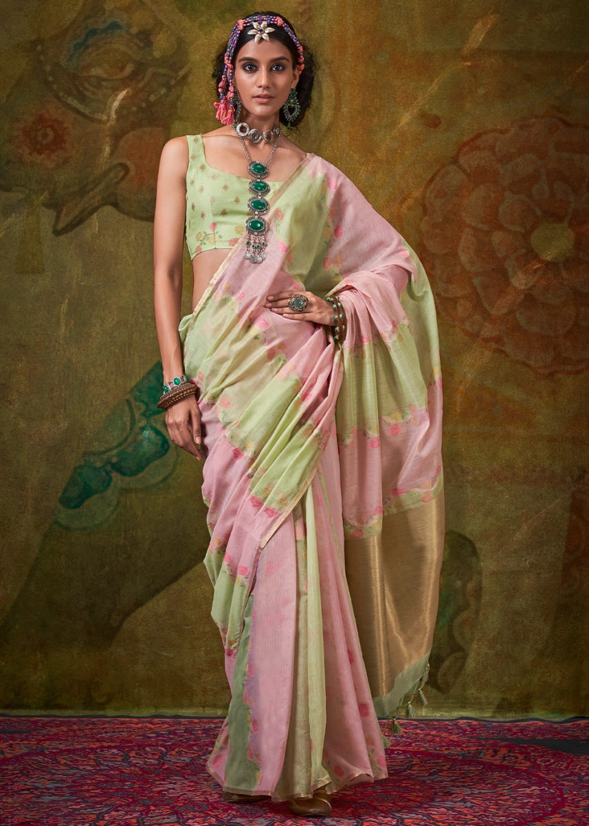 Green & Pink Rangkaat Handloom Woven Cotton Silk Saree - House of Sarvati LLC