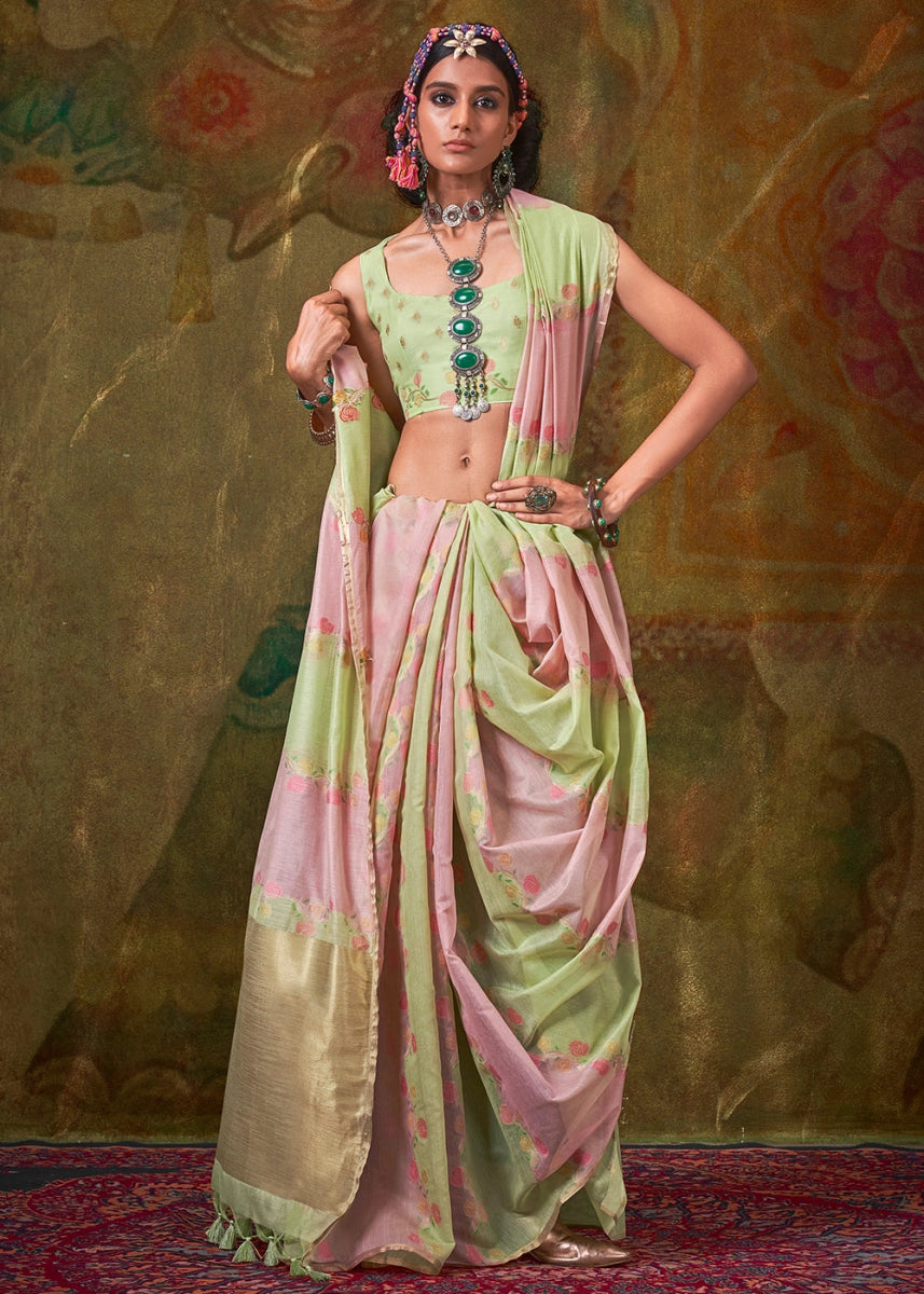 Green & Pink Rangkaat Handloom Woven Cotton Silk Saree - House of Sarvati LLC