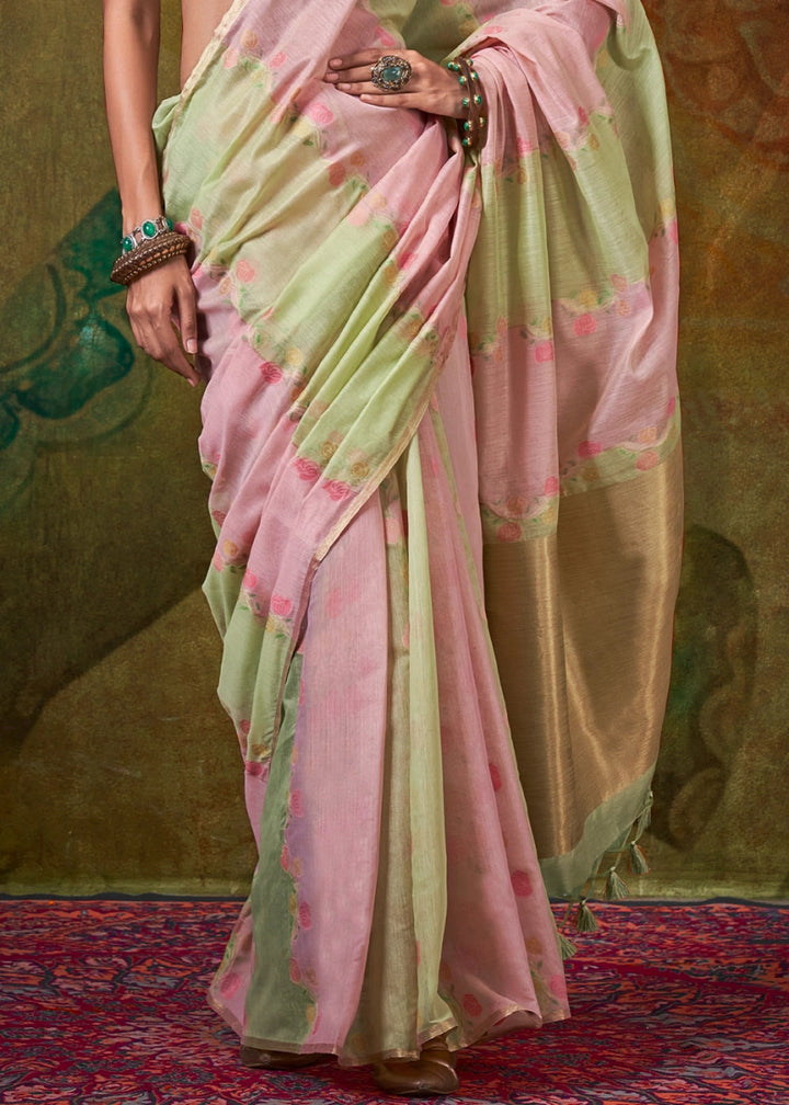 Green & Pink Rangkaat Handloom Woven Cotton Silk Saree - House of Sarvati LLC