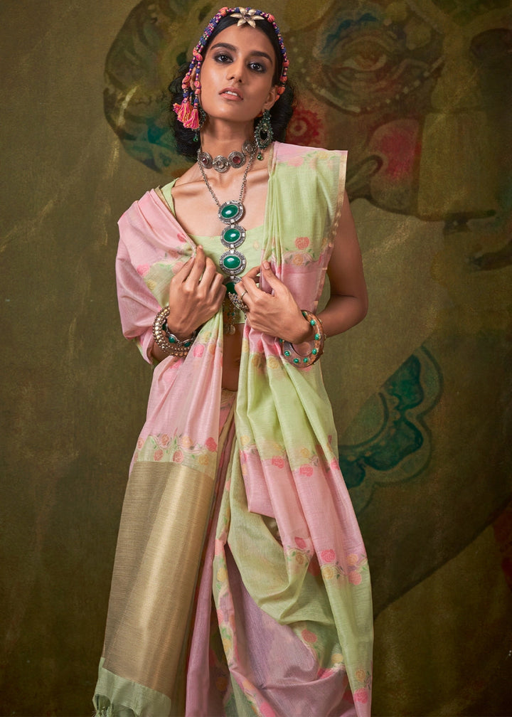 Green & Pink Rangkaat Handloom Woven Cotton Silk Saree - House of Sarvati LLC