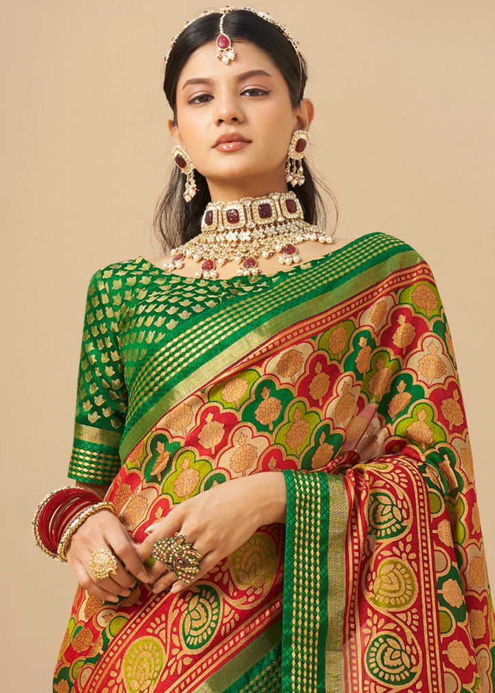 Green & Red Handwoven Zari Georgette Silk Saree - House of Sarvati LLC