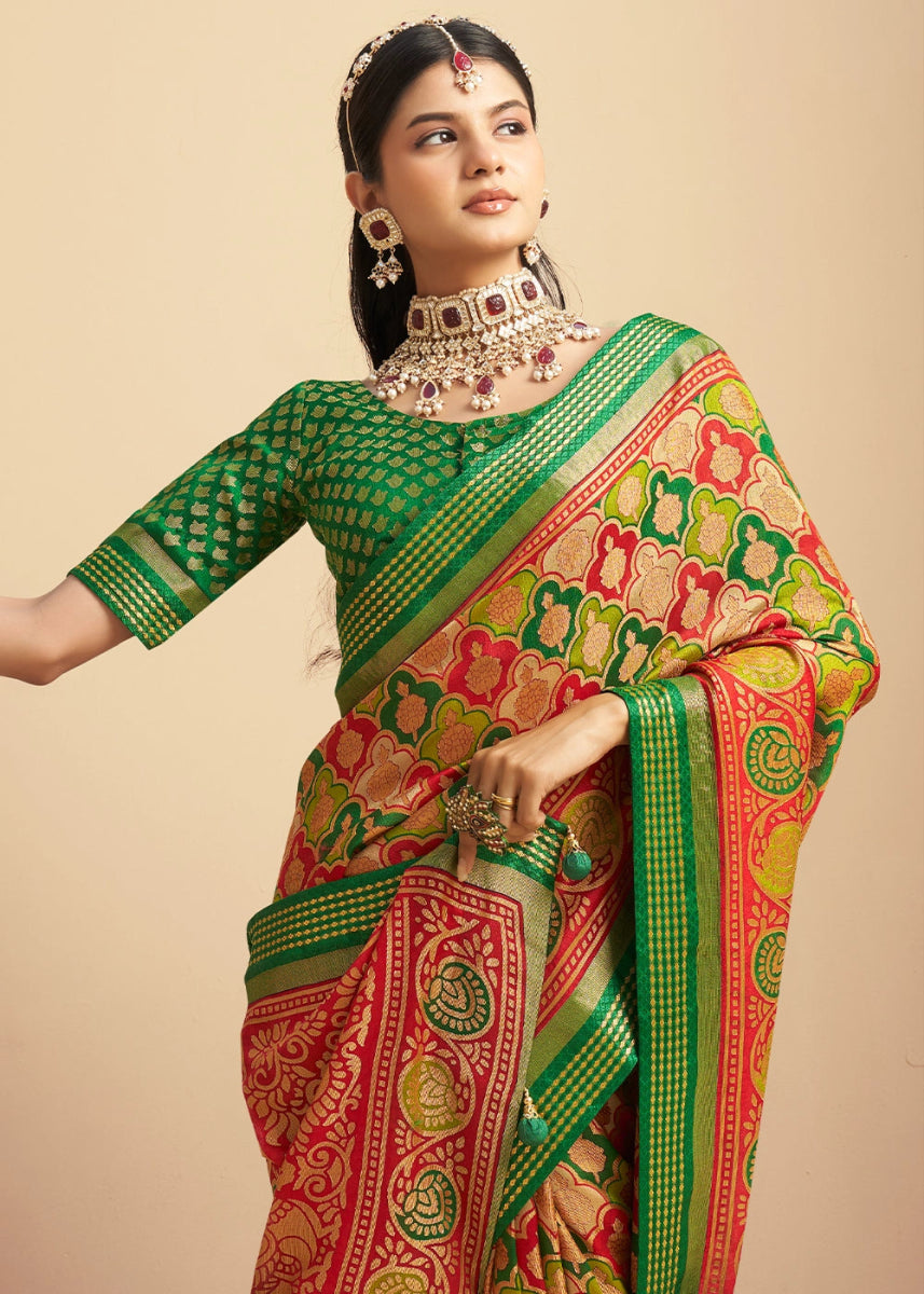 Green & Red Handwoven Zari Georgette Silk Saree - House of Sarvati LLC