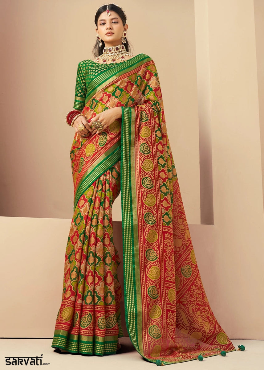 Green & Red Handwoven Zari Georgette Silk Saree - House of Sarvati LLC
