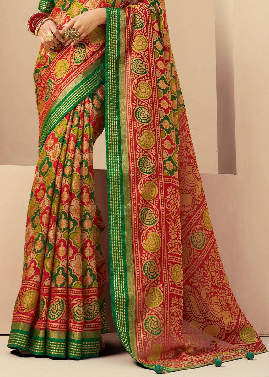 Green & Red Handwoven Zari Georgette Silk Saree - House of Sarvati LLC