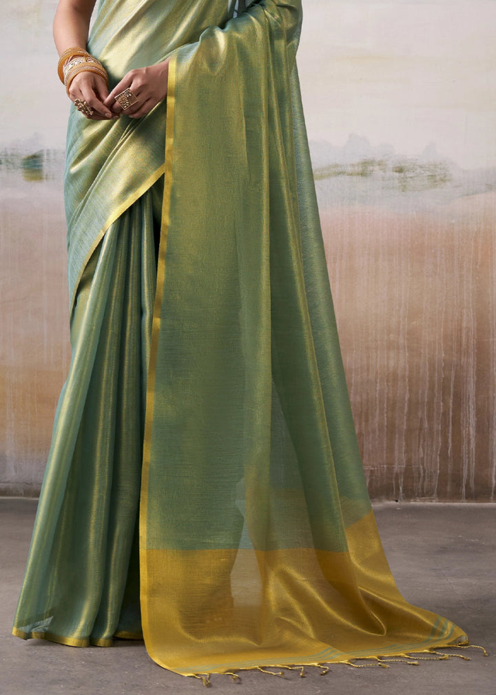 Green Toned Tissue Silk Saree with Elegant Contrast Blouse Combination - House of Sarvati LLC
