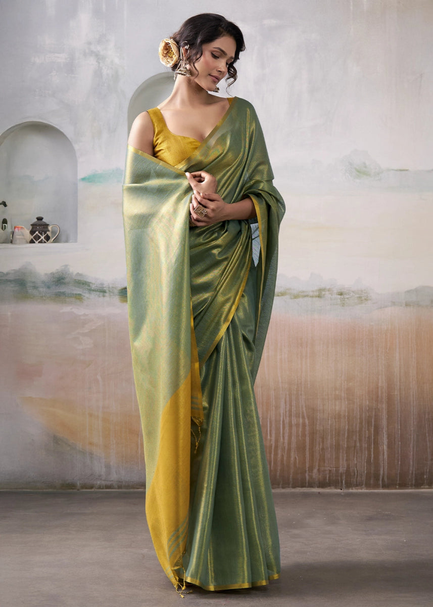 Green Toned Tissue Silk Saree with Elegant Contrast Blouse Combination - House of Sarvati LLC