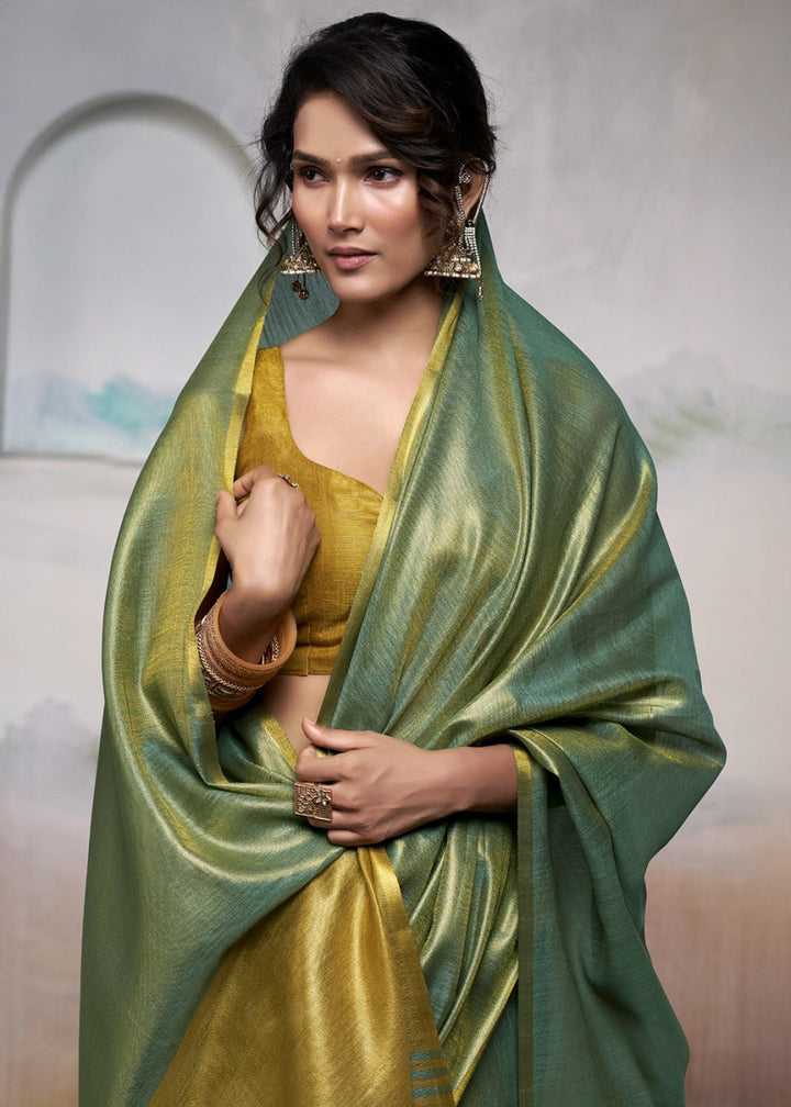Green Toned Tissue Silk Saree with Elegant Contrast Blouse Combination - House of Sarvati LLC