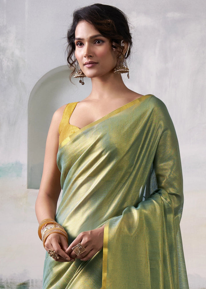 Green Toned Tissue Silk Saree with Elegant Contrast Blouse Combination - House of Sarvati LLC