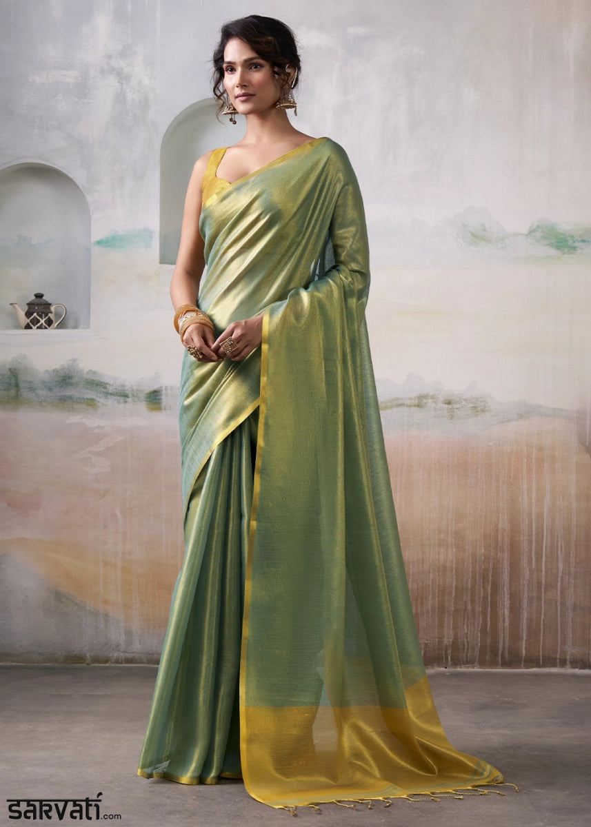 Green Toned Tissue Silk Saree with Elegant Contrast Blouse Combination - House of Sarvati LLC