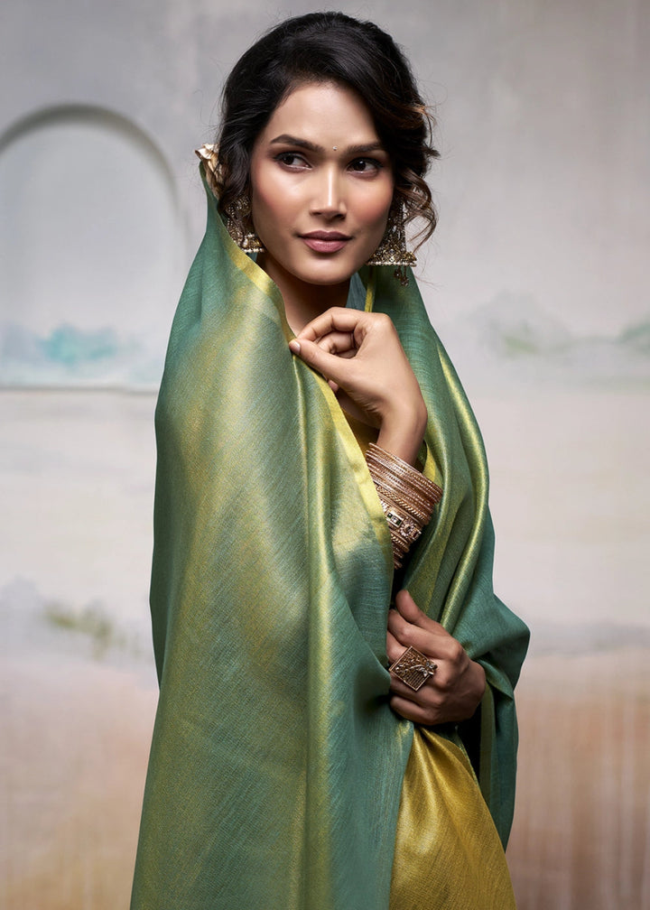 Green Toned Tissue Silk Saree with Elegant Contrast Blouse Combination - House of Sarvati LLC