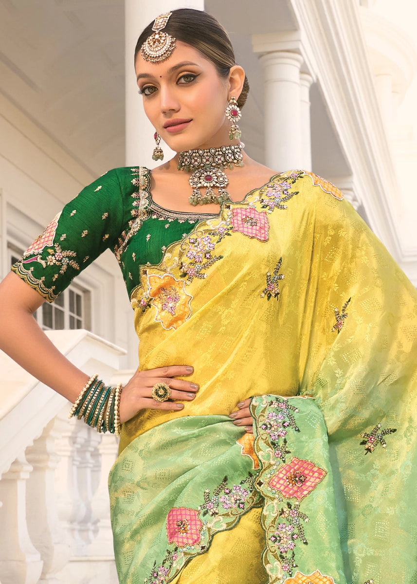 Green & Yellow Jacquard Crepe Silk Saree with Intricate Zari, Moti & Cut - Dana Mirror Detailing - House of Sarvati LLC