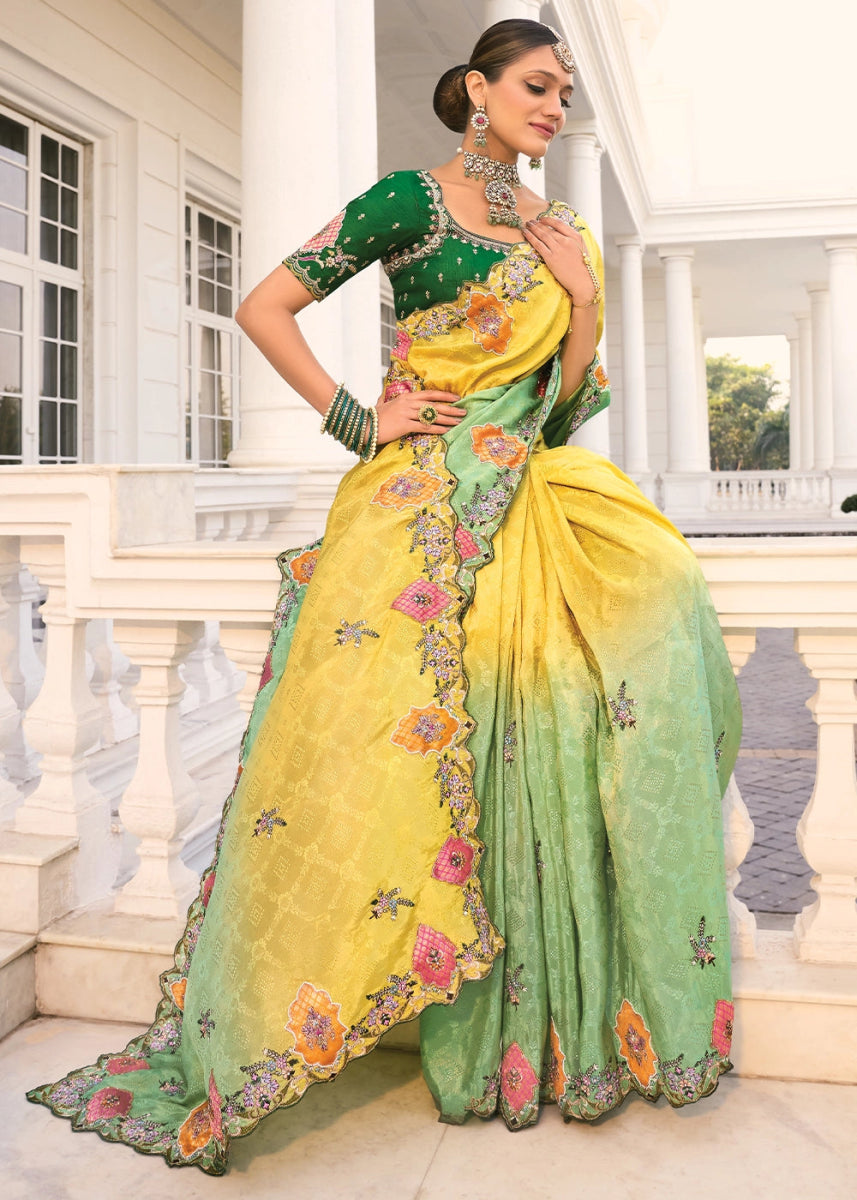 Green & Yellow Jacquard Crepe Silk Saree with Intricate Zari, Moti & Cut - Dana Mirror Detailing - House of Sarvati LLC