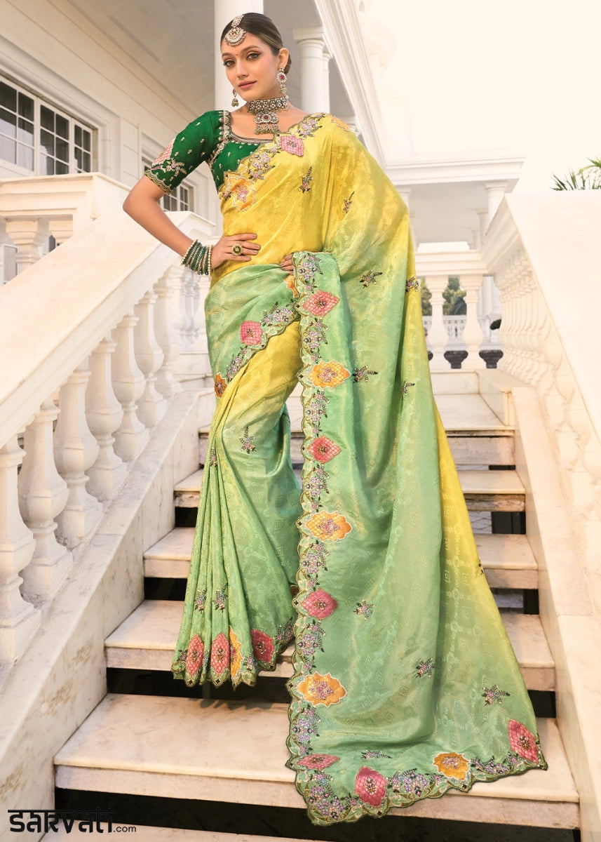 Green & Yellow Jacquard Crepe Silk Saree with Intricate Zari, Moti & Cut - Dana Mirror Detailing - House of Sarvati LLC