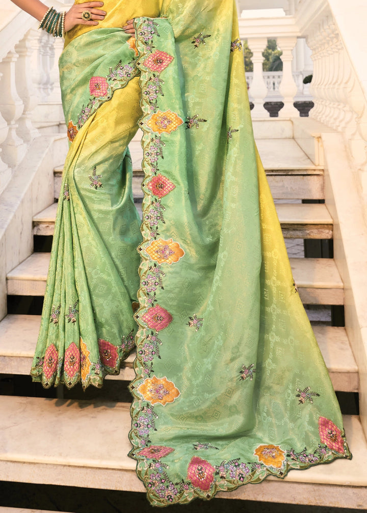 Green & Yellow Jacquard Crepe Silk Saree with Intricate Zari, Moti & Cut - Dana Mirror Detailing - House of Sarvati LLC