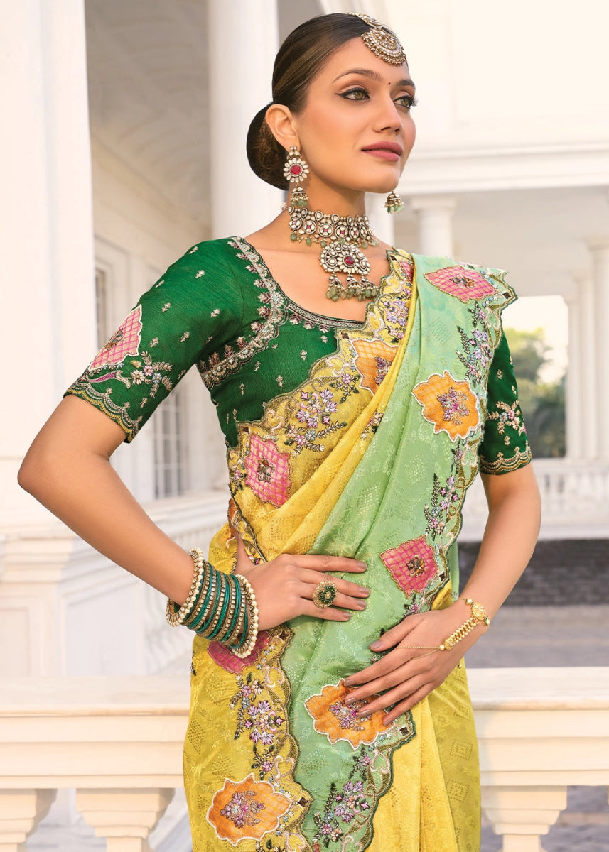 Green & Yellow Jacquard Crepe Silk Saree with Intricate Zari, Moti & Cut - Dana Mirror Detailing - House of Sarvati LLC