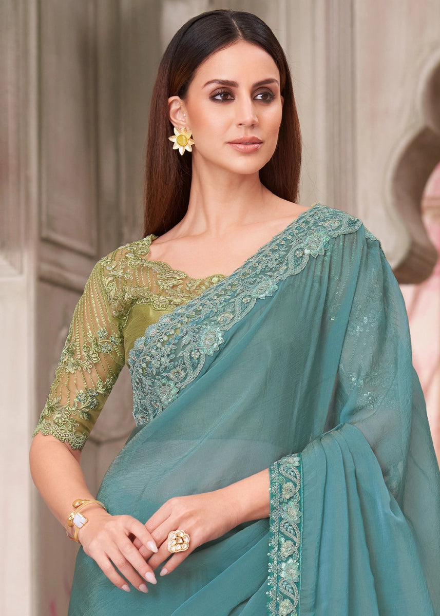 Greenish Blue Georgette Saree With Detailed Embroidery And Luxe Appeal - House of Sarvati LLC