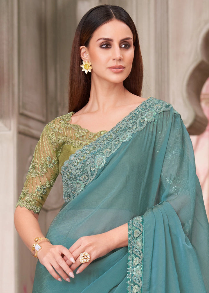 Greenish Blue Georgette Saree With Detailed Embroidery And Luxe Appeal - House of Sarvati LLC