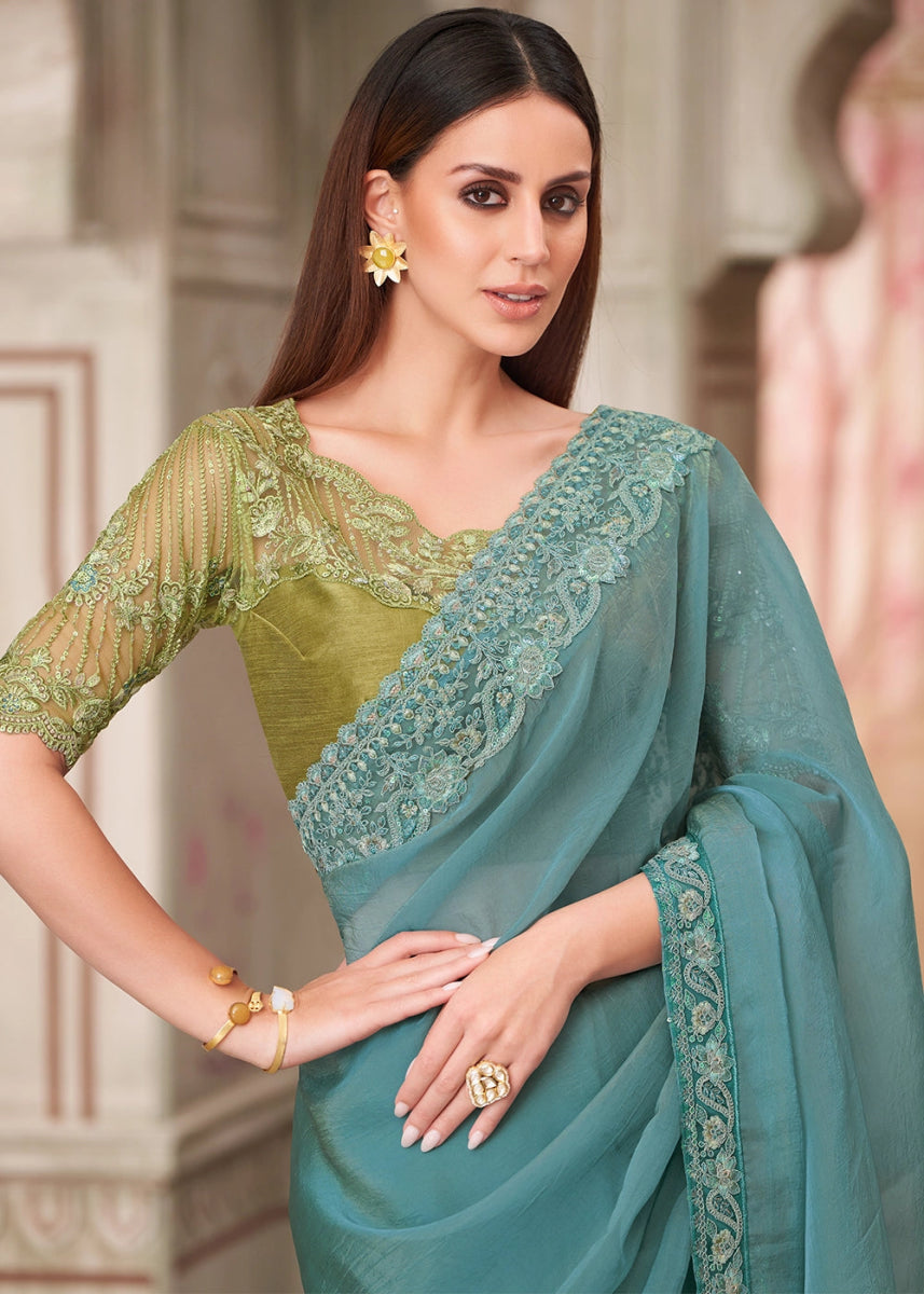 Greenish Blue Georgette Saree With Detailed Embroidery And Luxe Appeal - House of Sarvati LLC