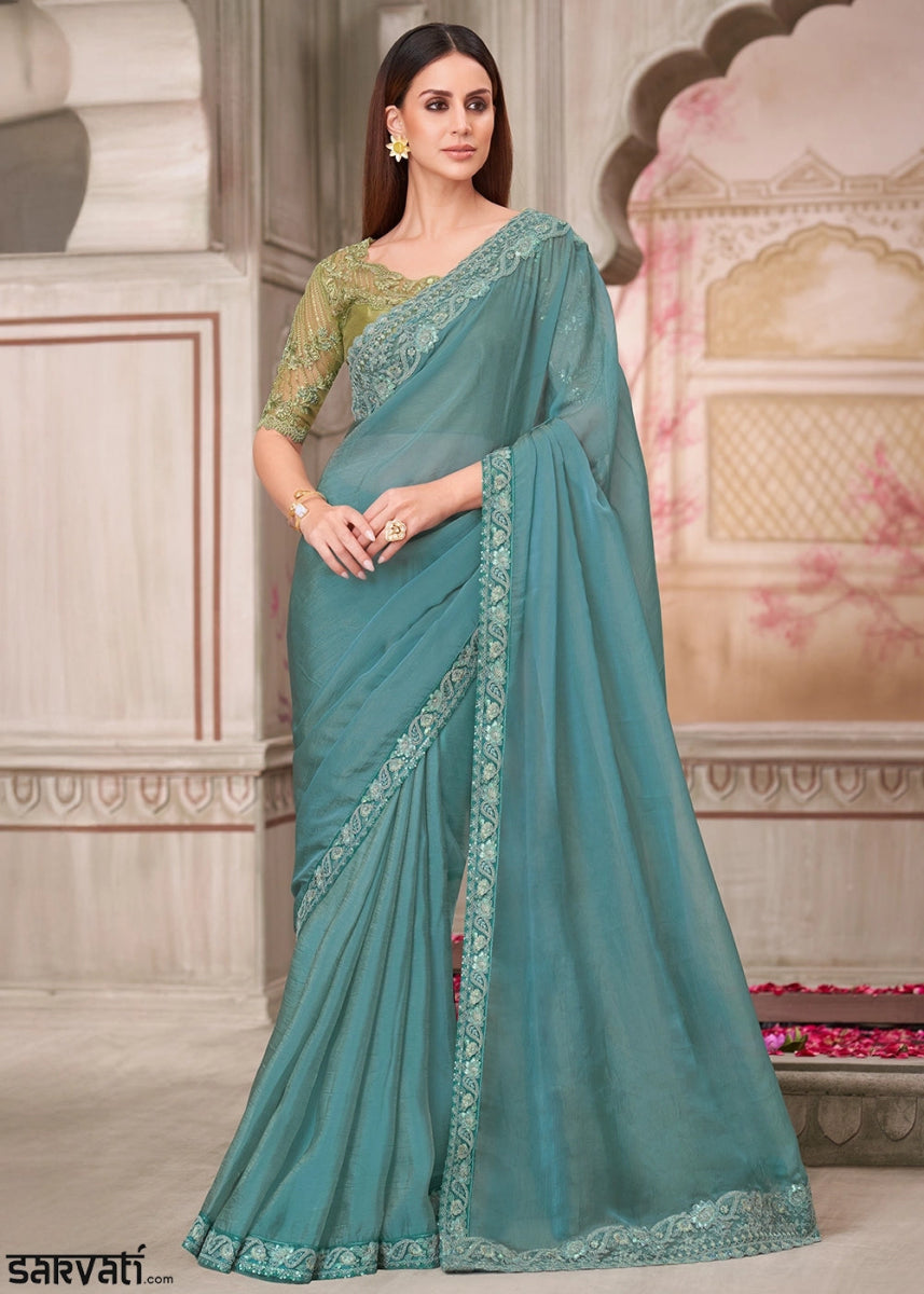 Greenish Blue Georgette Saree With Detailed Embroidery And Luxe Appeal - House of Sarvati LLC