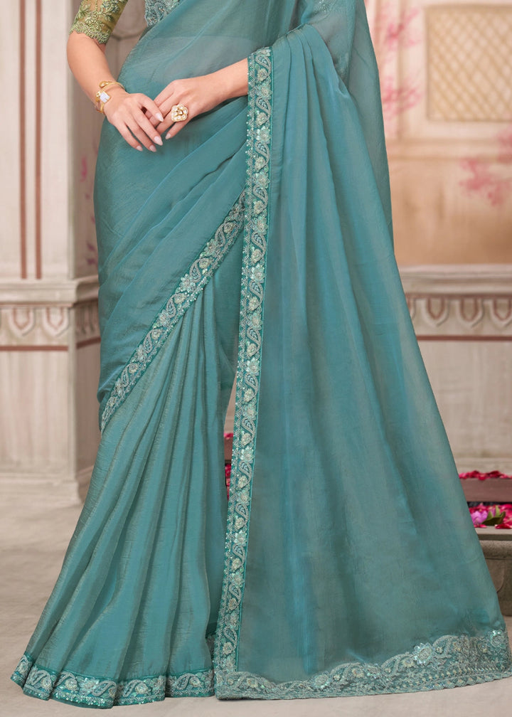 Greenish Blue Georgette Saree With Detailed Embroidery And Luxe Appeal - House of Sarvati LLC
