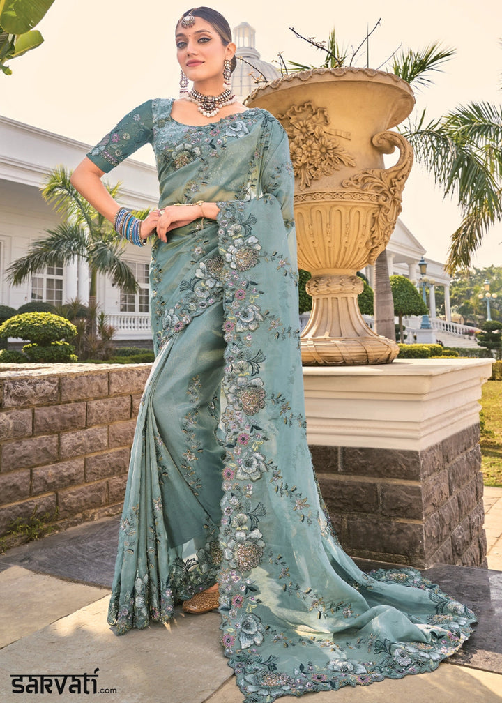 Greenish Grey Organza Silk Saree with Intricate Zarkan, Sequence & Cut - Dana Mirror Detailing - House of Sarvati LLC