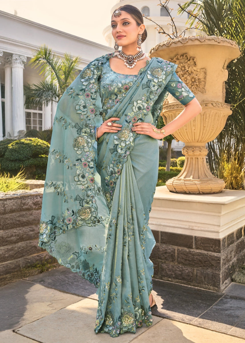 Greenish Grey Organza Silk Saree with Intricate Zarkan, Sequence & Cut - Dana Mirror Detailing - House of Sarvati LLC