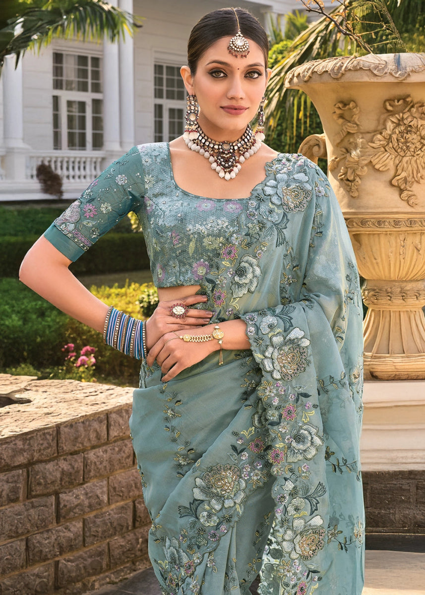 Greenish Grey Organza Silk Saree with Intricate Zarkan, Sequence & Cut - Dana Mirror Detailing - House of Sarvati LLC