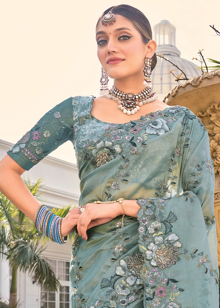 Greenish Grey Organza Silk Saree with Intricate Zarkan, Sequence & Cut - Dana Mirror Detailing - House of Sarvati LLC