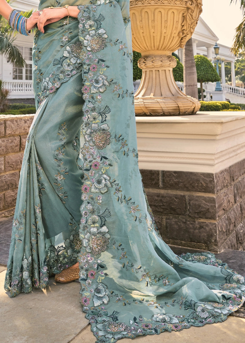 Greenish Grey Organza Silk Saree with Intricate Zarkan, Sequence & Cut - Dana Mirror Detailing - House of Sarvati LLC