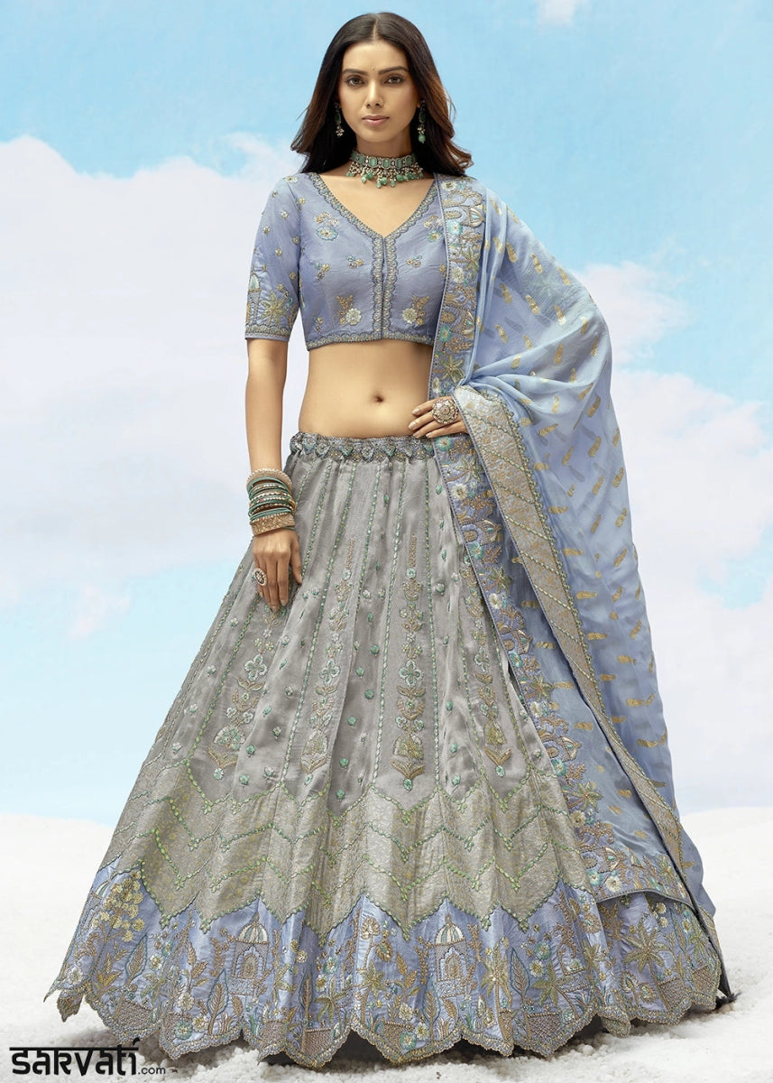 Grey & Blue Banarasi Silk Lehenga Choli with Intricate Embroidery and Cut Work - House of Sarvati LLC