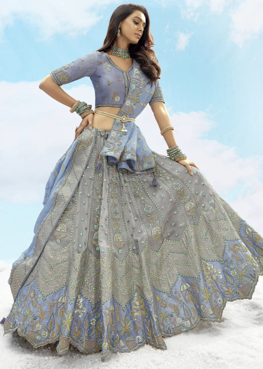 Grey & Blue Banarasi Silk Lehenga Choli with Intricate Embroidery and Cut Work - House of Sarvati LLC