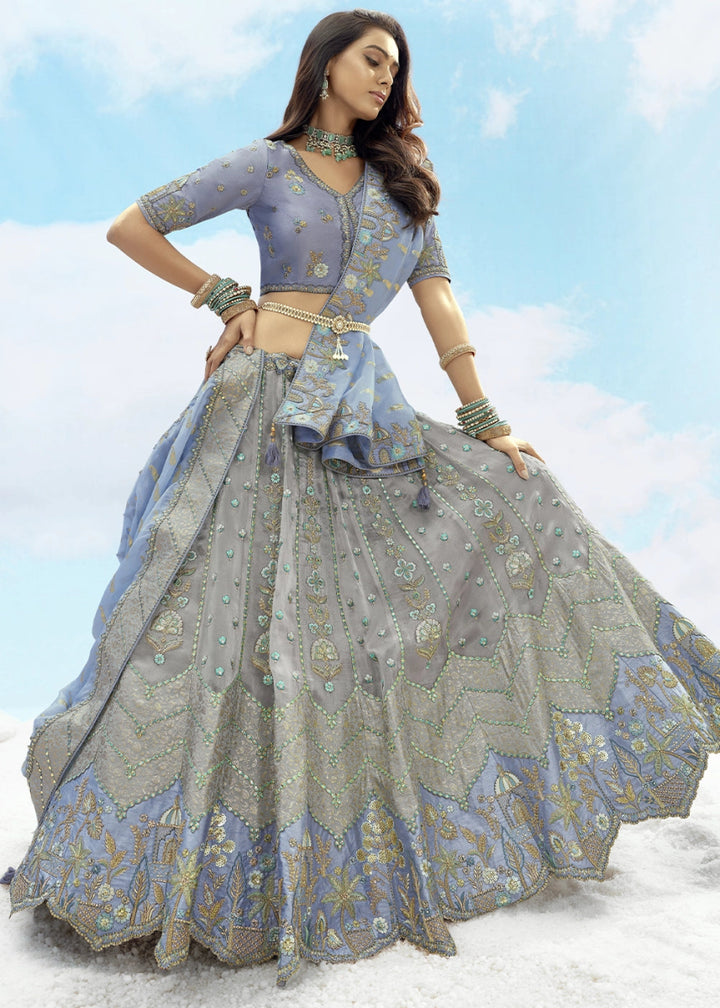 Grey & Blue Banarasi Silk Lehenga Choli with Intricate Embroidery and Cut Work - House of Sarvati LLC
