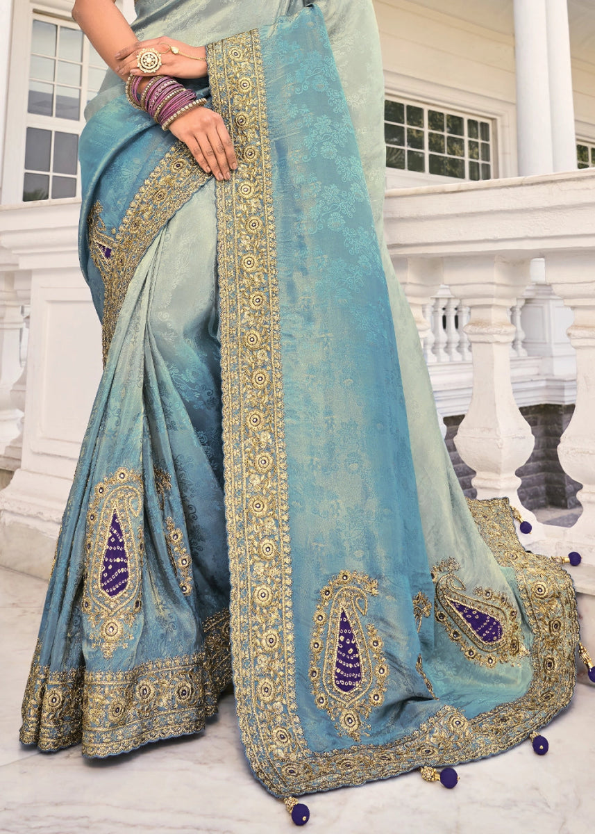 Grey & Blue Jacquard Crepe Saree with Intricate Zari, Zarkan & Cut - Dana Mirror Detailing - House of Sarvati LLC