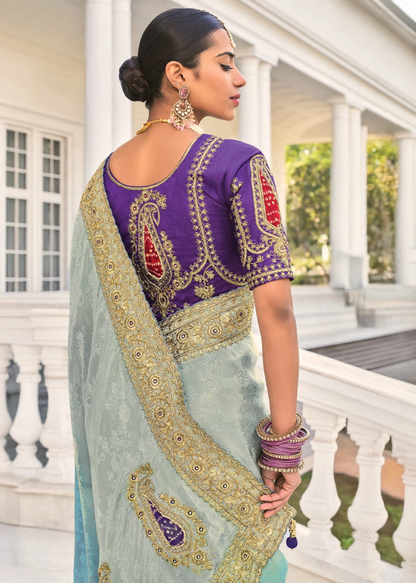 Grey & Blue Jacquard Crepe Saree with Intricate Zari, Zarkan & Cut - Dana Mirror Detailing - House of Sarvati LLC