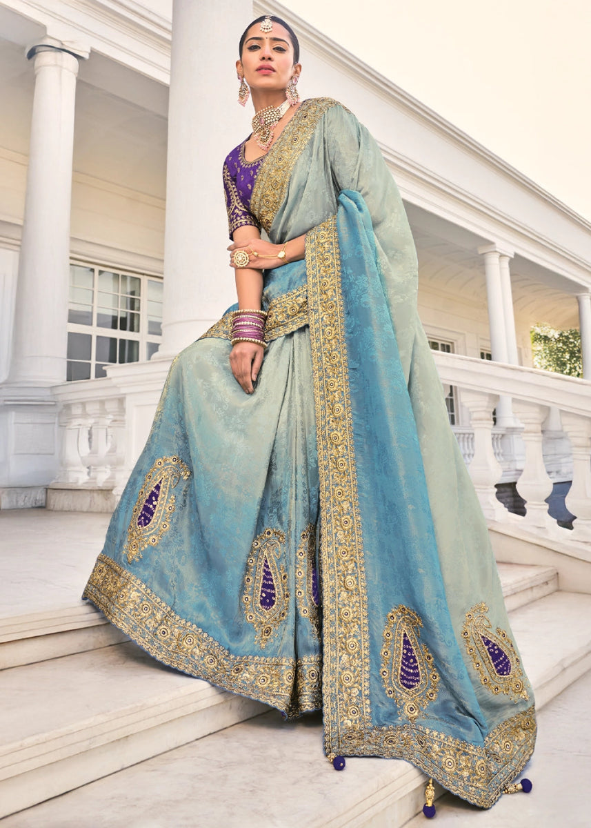 Grey & Blue Jacquard Crepe Saree with Intricate Zari, Zarkan & Cut - Dana Mirror Detailing - House of Sarvati LLC