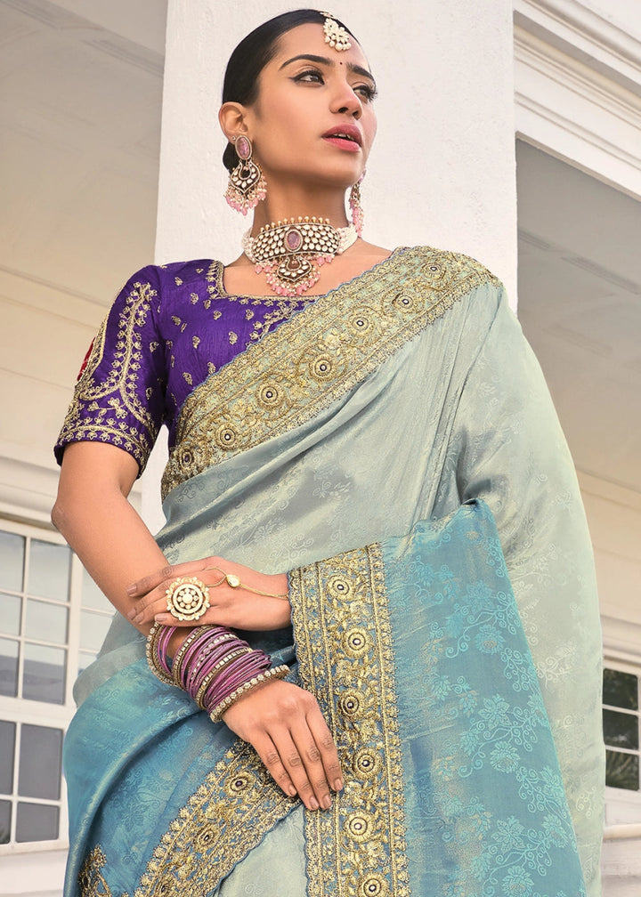 Grey & Blue Jacquard Crepe Saree with Intricate Zari, Zarkan & Cut - Dana Mirror Detailing - House of Sarvati LLC