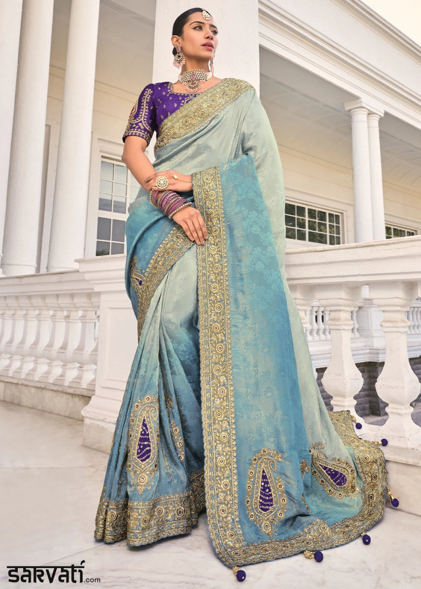 Grey & Blue Jacquard Crepe Saree with Intricate Zari, Zarkan & Cut - Dana Mirror Detailing - House of Sarvati LLC