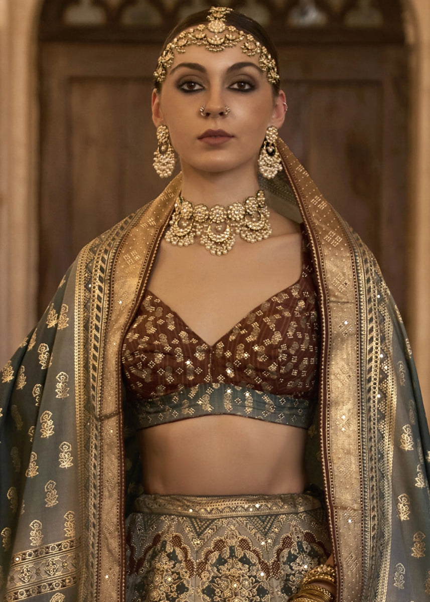 Grey & Brown Embellished Rajwadi Silk Lehenga Choli with Aari Mirror Work - House of Sarvati LLC