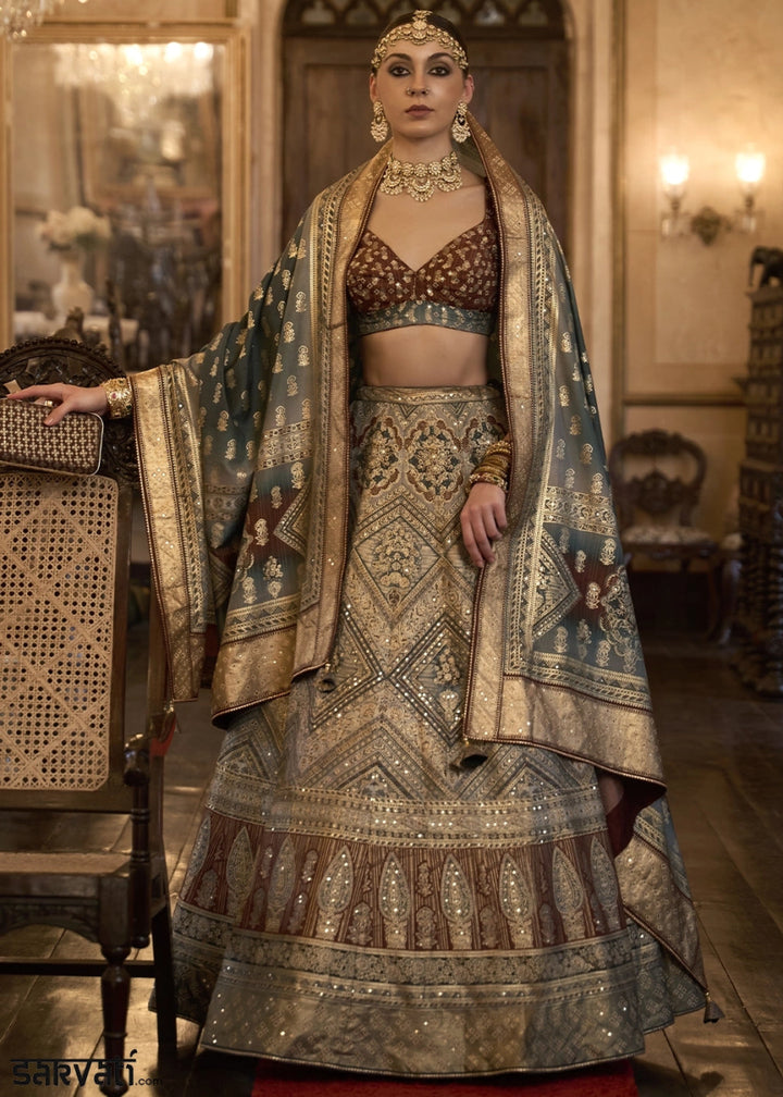 Grey & Brown Embellished Rajwadi Silk Lehenga Choli with Aari Mirror Work - House of Sarvati LLC