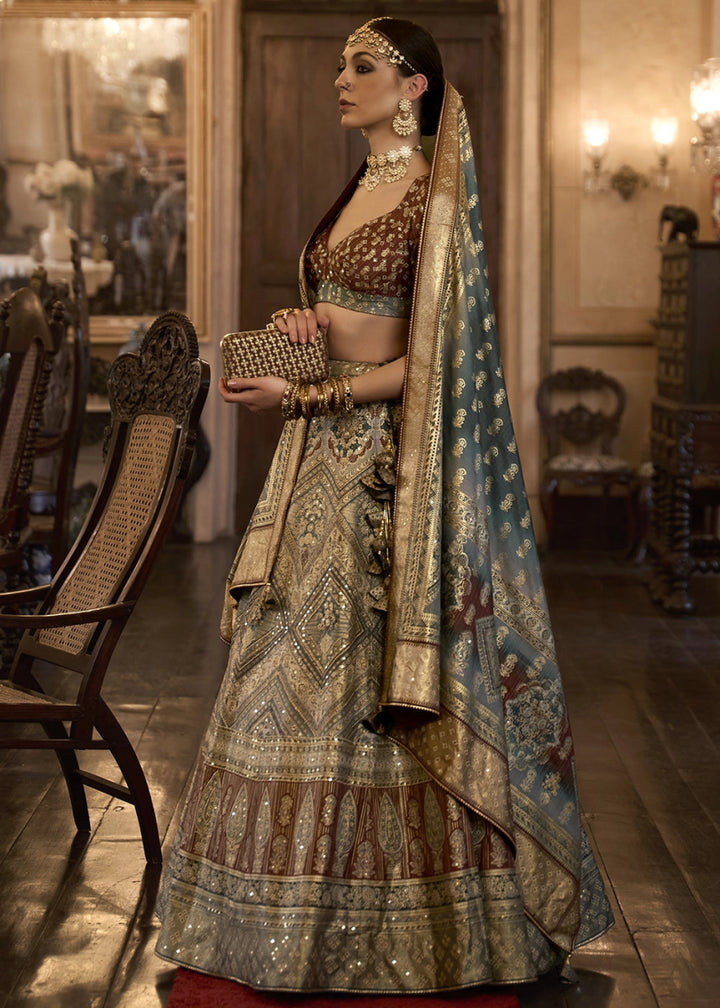Grey & Brown Embellished Rajwadi Silk Lehenga Choli with Aari Mirror Work - House of Sarvati LLC