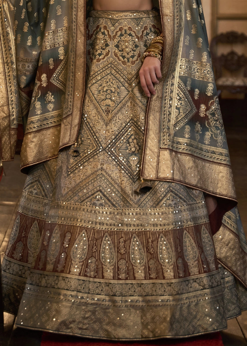Grey & Brown Embellished Rajwadi Silk Lehenga Choli with Aari Mirror Work - House of Sarvati LLC