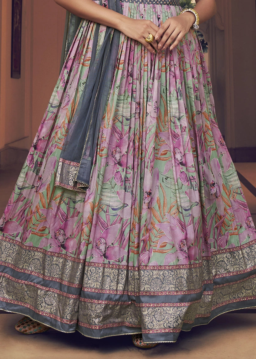 Grey & Pink Floral Silk Anarkali Gown with Detailed Embroidery Work - House of Sarvati LLC