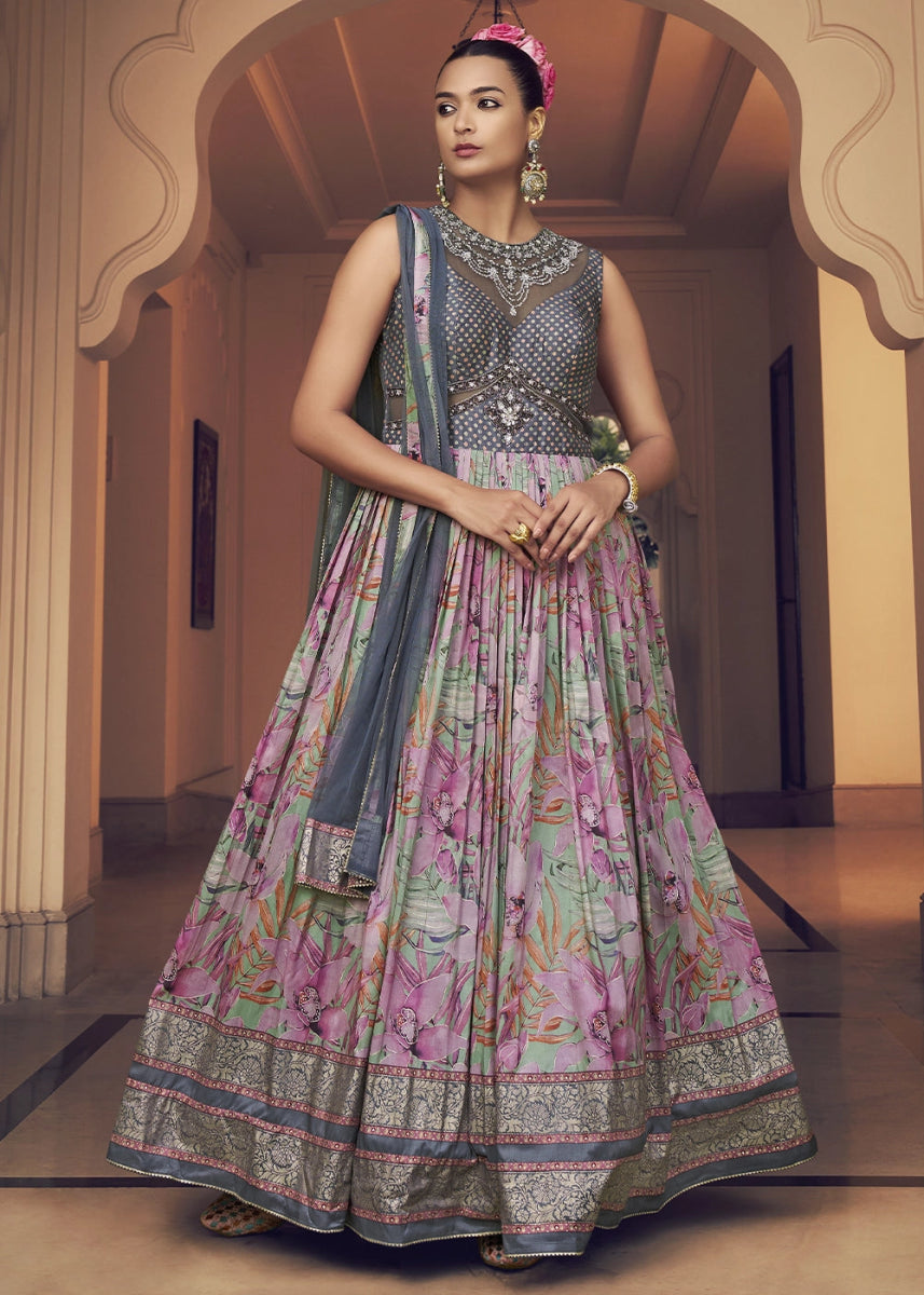 Grey & Pink Floral Silk Anarkali Gown with Detailed Embroidery Work - House of Sarvati LLC