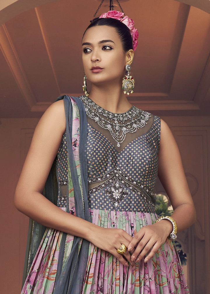 Grey & Pink Floral Silk Anarkali Gown with Detailed Embroidery Work - House of Sarvati LLC