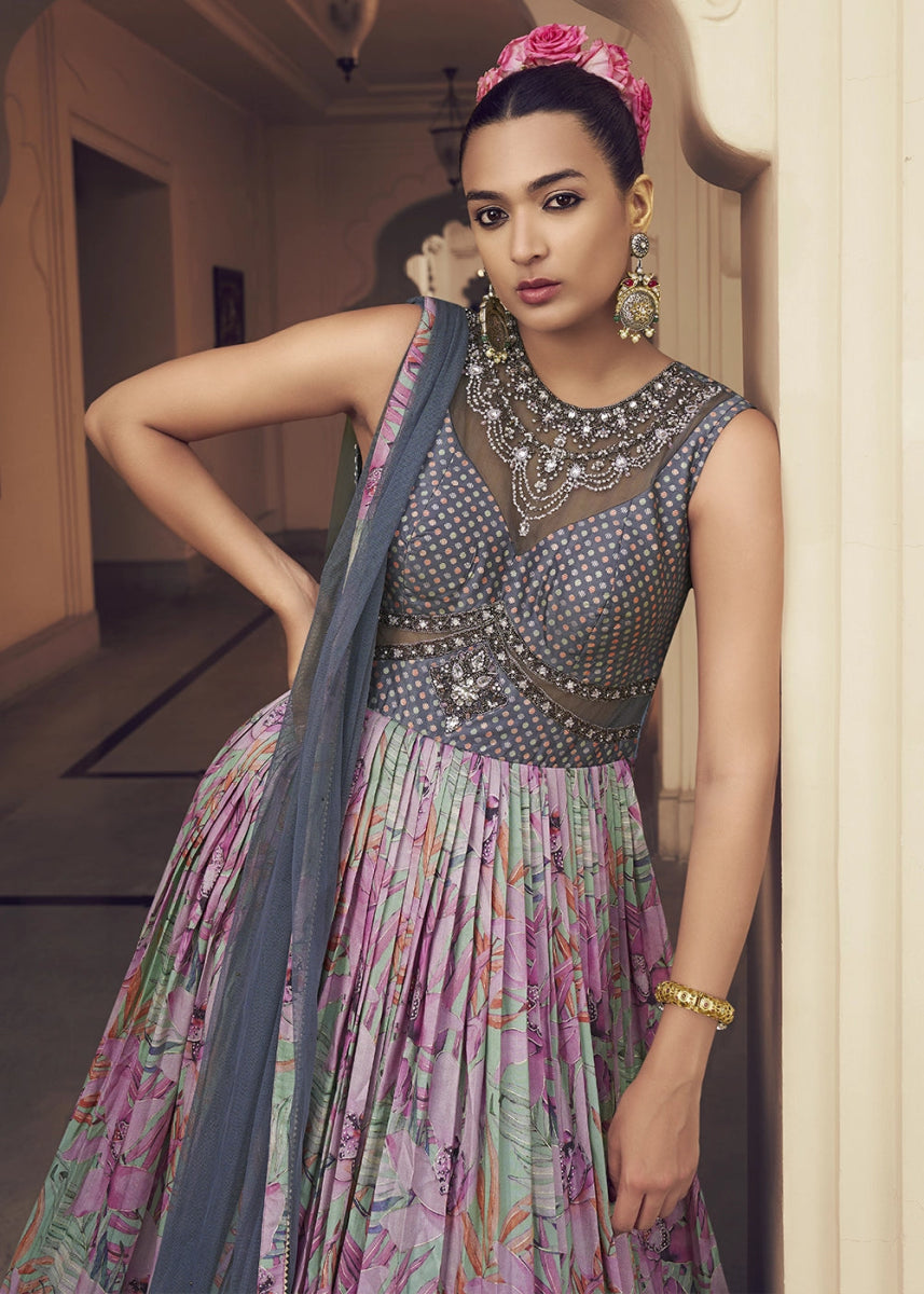 Grey & Pink Floral Silk Anarkali Gown with Detailed Embroidery Work - House of Sarvati LLC