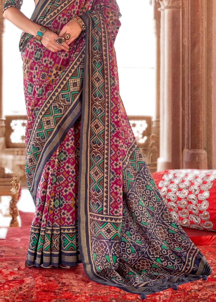Grey & Pink Georgette Silk Saree with Ethnic Patola Print - House of Sarvati LLC