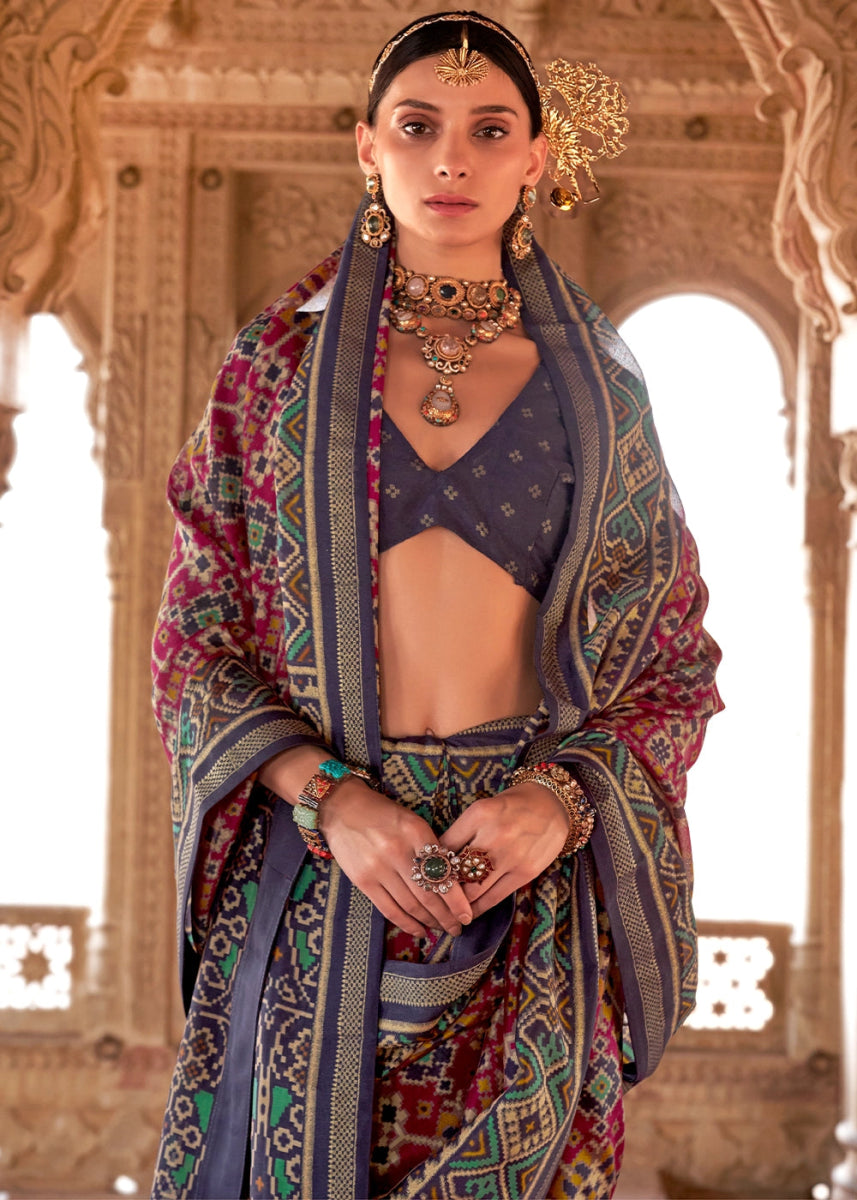 Grey & Pink Georgette Silk Saree with Ethnic Patola Print - House of Sarvati LLC