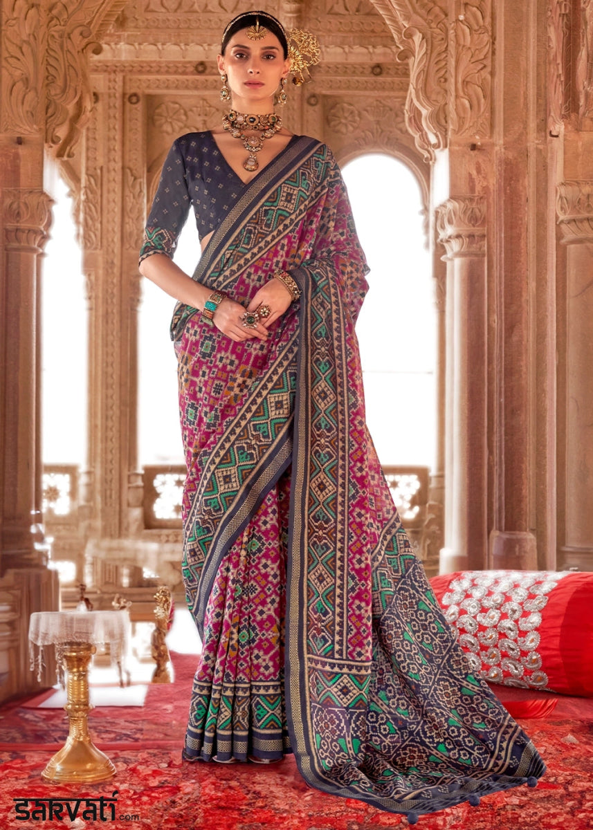Grey & Pink Georgette Silk Saree with Ethnic Patola Print - House of Sarvati LLC