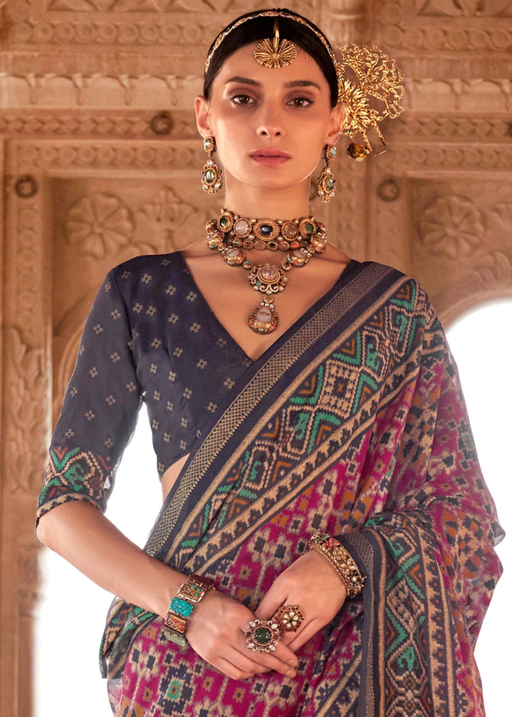Grey & Pink Georgette Silk Saree with Ethnic Patola Print - House of Sarvati LLC