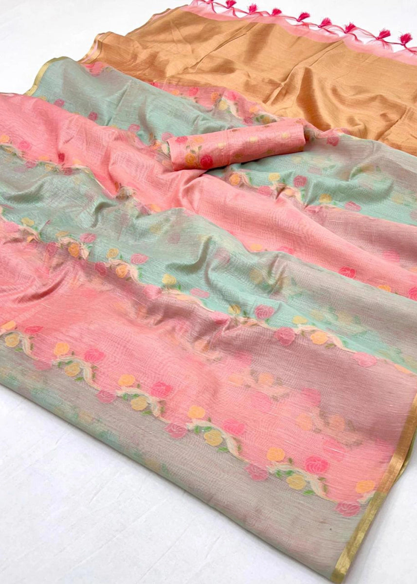 Grey & Pink Rangkaat Handloom Woven Cotton Silk Saree - House of Sarvati LLC